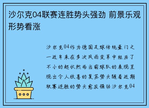 沙尔克04联赛连胜势头强劲 前景乐观形势看涨